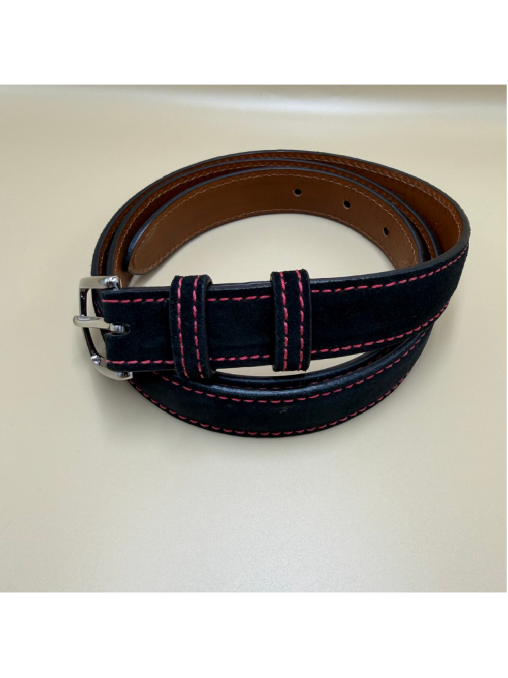 Men’s J. Hilburn Black Genuine Sueded Leather Belt with Hot Pink Stitching 39